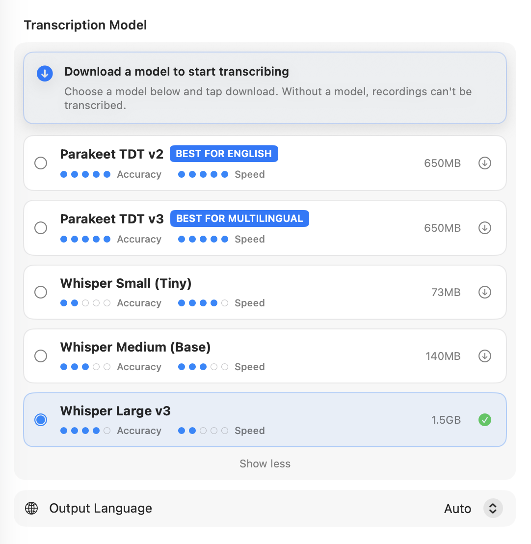 Hex Transcription Model settings showing local Parakeet and Whisper model choices